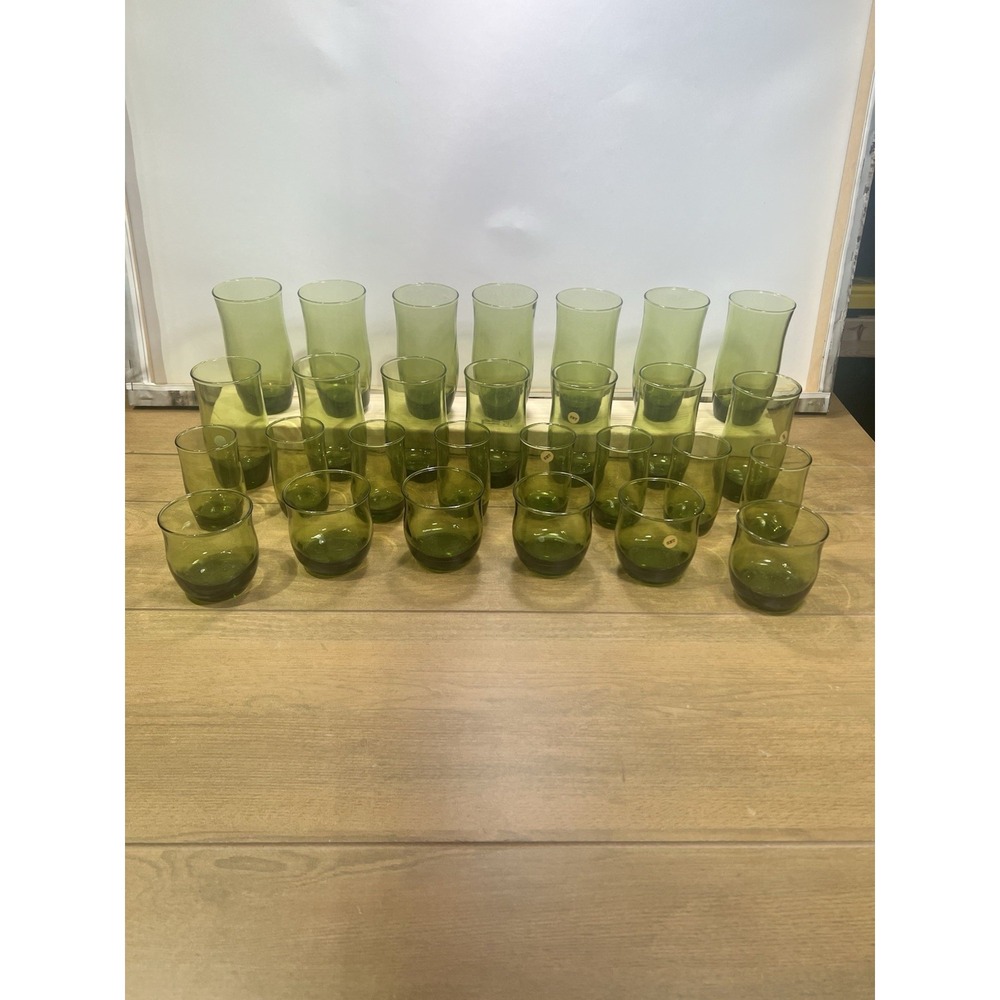 vintage Anchor Hocking Finlandia Drink Wear Avocado Green 1960s 28 Piece Set.